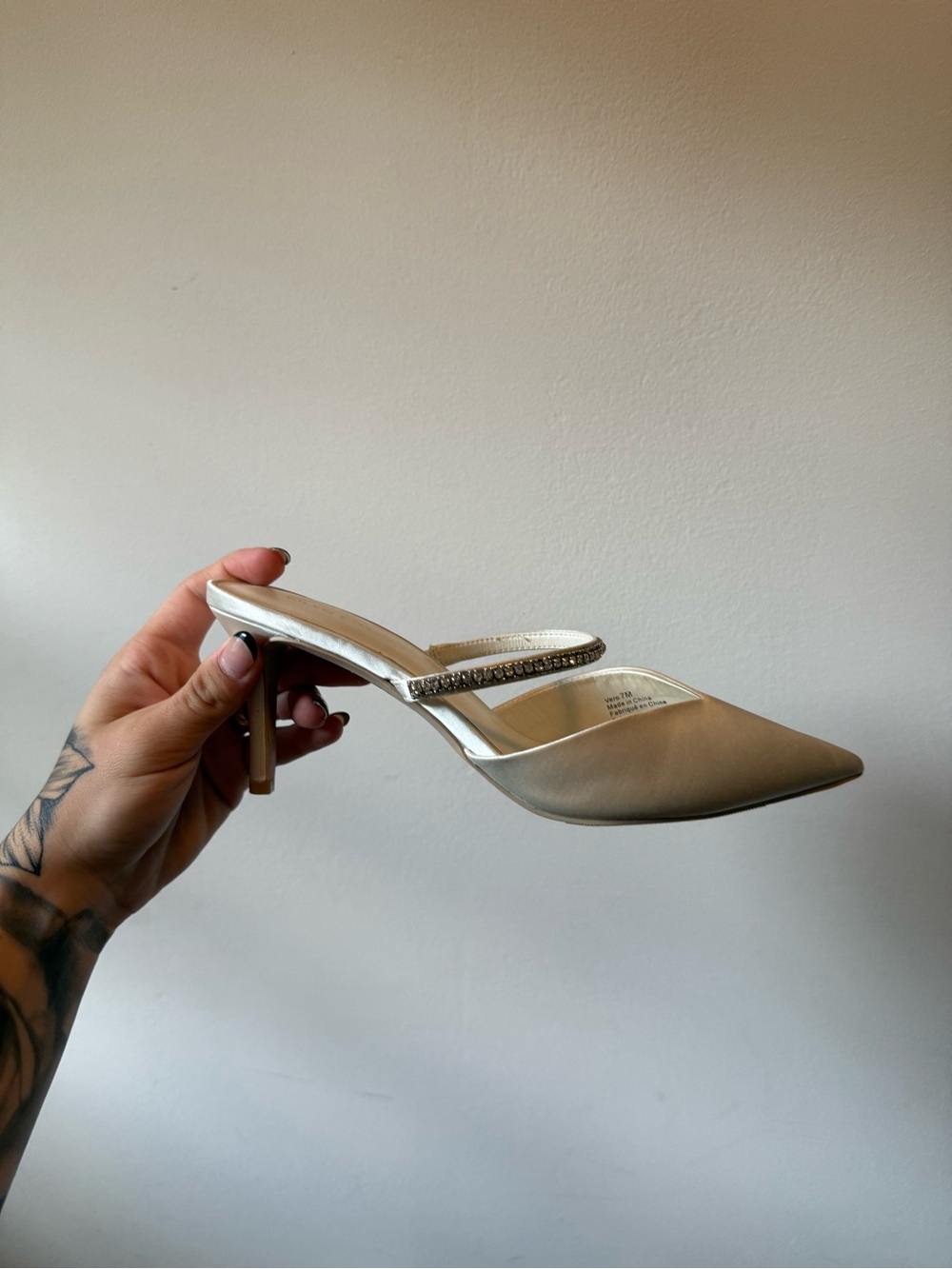 Women's Champagne Satin Pointed-Toe Mule with Embellished Strap